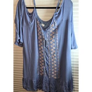 Exist Cold Shoulder Embroidered Top Size Large Blue Boho Peasant Blouse